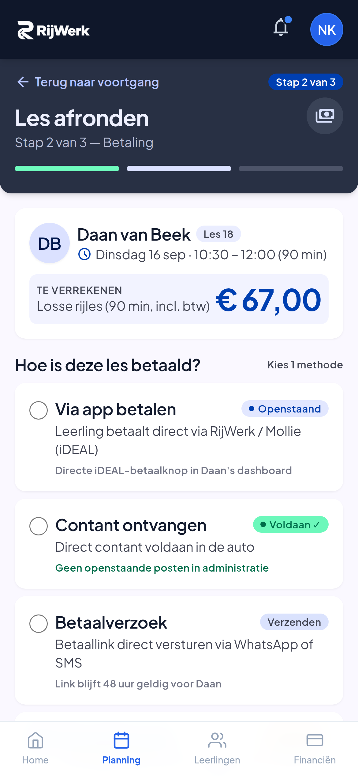 RijWerk Betalingen in de instructeursapp