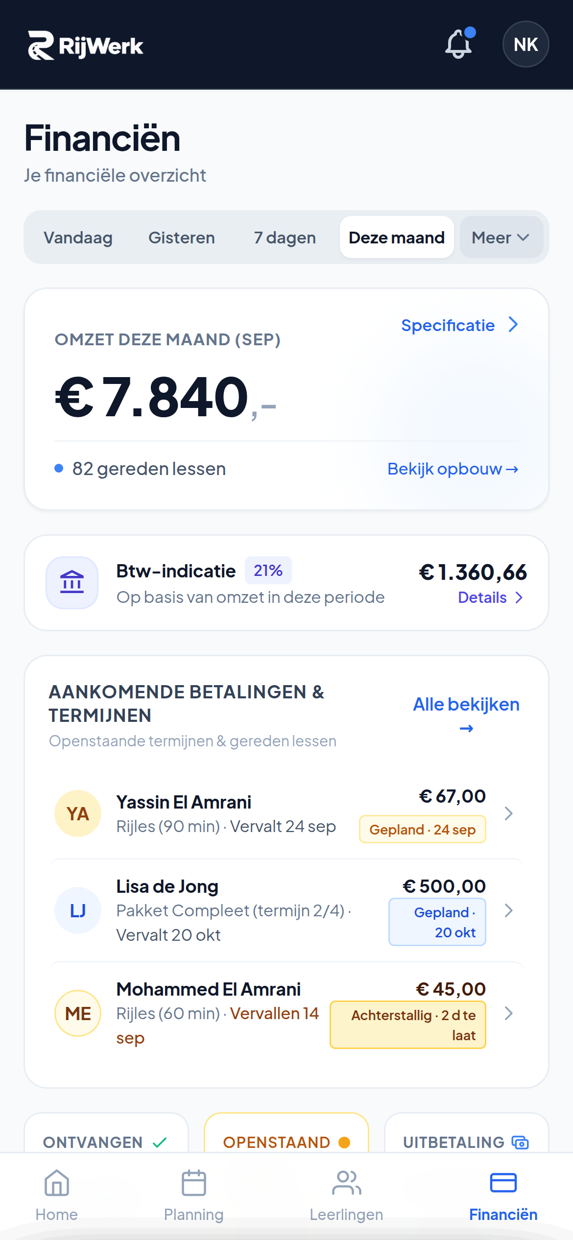 RijWerk Financiën in de instructeursapp