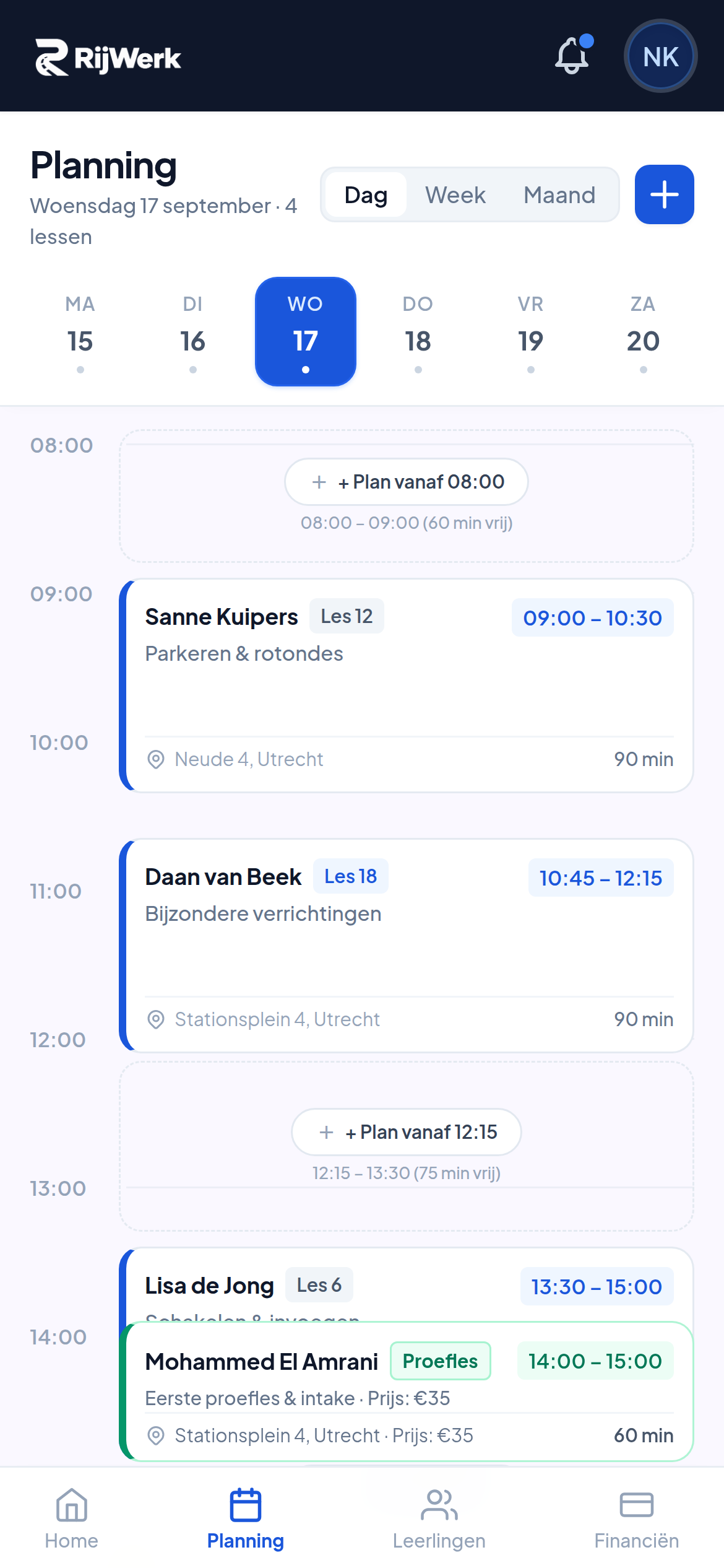 RijWerk Planning in de instructeursapp