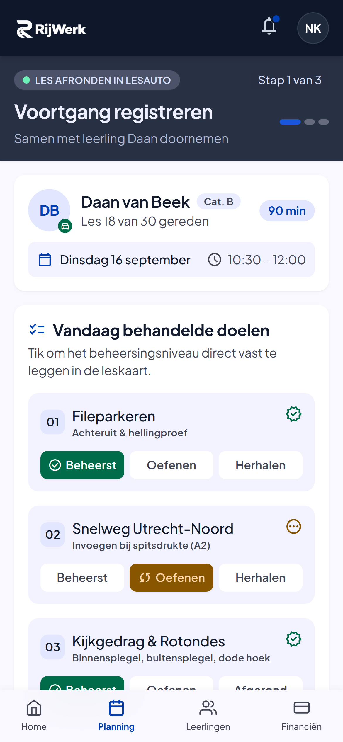 RijWerk Voortgang in de instructeursapp